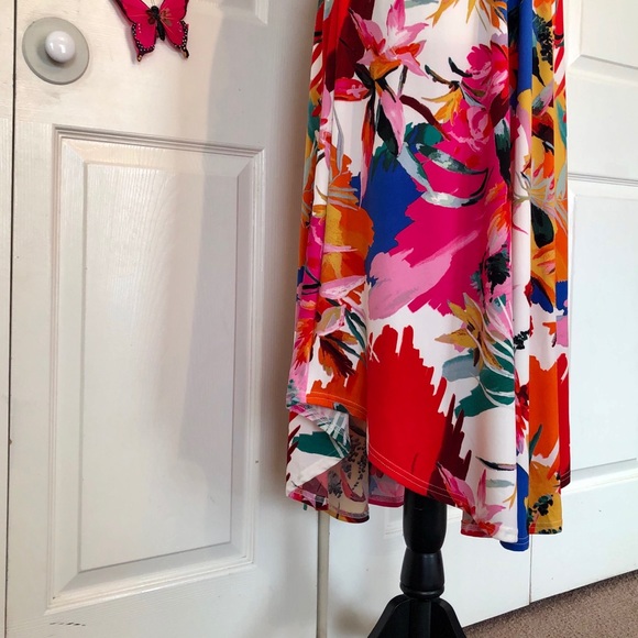 💼 Colorful V Neck Blossom Scarf Hem Sleeveless Dress - Picture 3 of 9